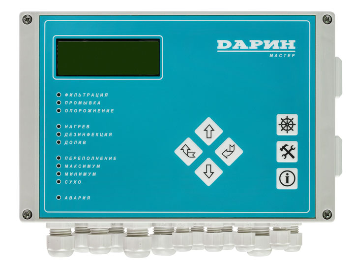 Многофункциональный микропроцессорный прибор для переливного или скиммерного бассейна с программированием времени работы от одного до восьми насосов фильтра по электронному таймеру