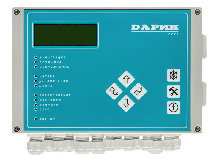 Многофункциональный микропроцессорный прибор для переливного или скиммерного бассейна с программированием времени работы от одного до восьми насосов фильтра по электронному таймеру